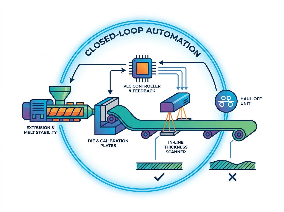 XPS extrusion line maintaining uniform board thickness during manufacturing process